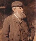 older bearded frowning man in brown wool suit & cap