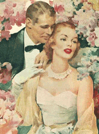 gent at lady's shoulder, enveloped in flowers